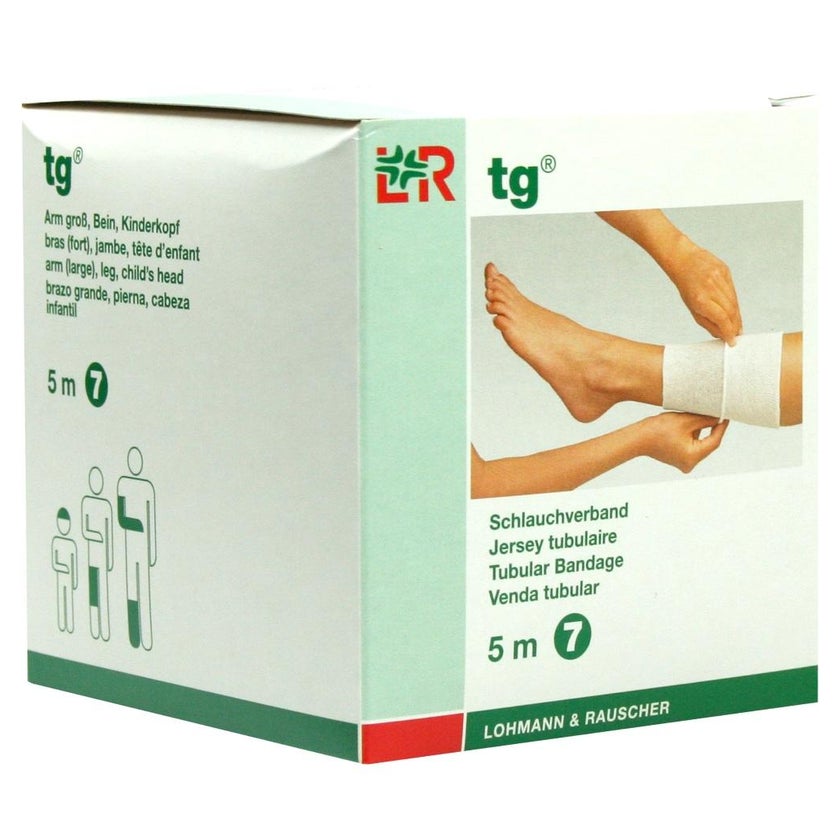 Lohmann & Rauscher tg Schlauchverband, weiß, 5 m, nahtlos gestrickt und dehnbar - 1 Stück, Gr. 7 (7,0 cm) für Arm (groß), Bein, Kinderkopf 1 St
