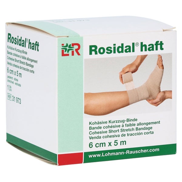 Lohmann & Rauscher Rosidal haft Kurzzugbinde, 5 m, unsteril, textilelastisch - 1 Stück, einzeln in Faltschachtel, Maße: 6 cm x 5 m 1 St