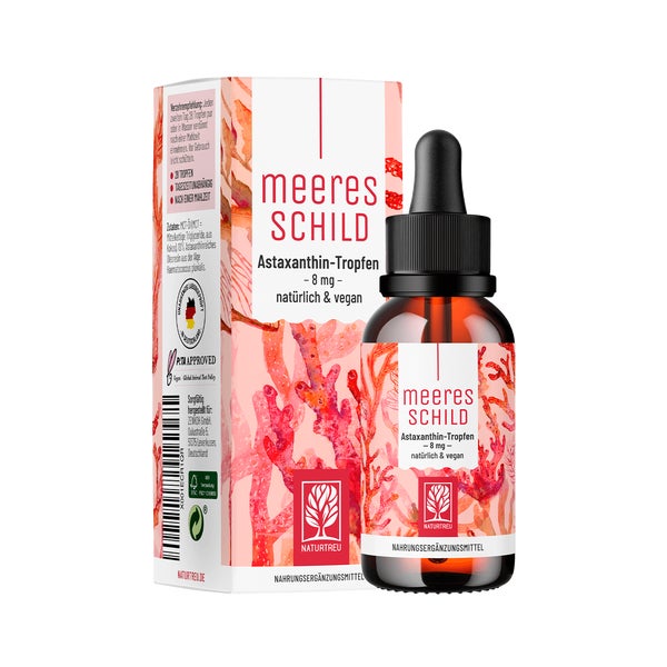 Astaxanthin Komplex 8 mg pro Dosis aus Blutregenmikroalgen aus Hawaii - MEERESSCHILD - 1.000 vegane hochdosierte Tropfen - NATURTREU® 30 ml