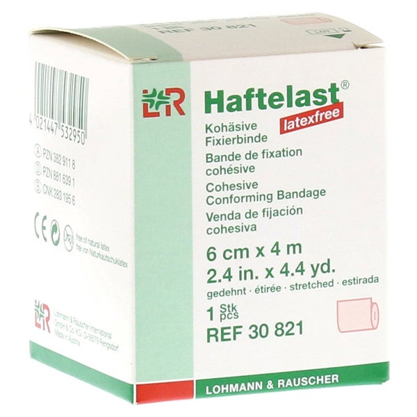 Lohmann & Rauscher Haftelast Fixierbinde, latexfrei, cremefarben, selbsthaftend - 1 Stück, einzeln in Faltschachtel, Maße: 6 cm x 4 m 1 St