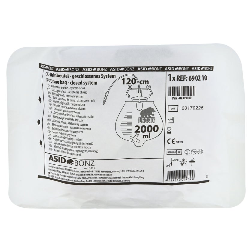 Asid Bonz UROSID 2000 S Urinbeutel, geschlossenes System, 120 cm Schlauch, Kreuzventil waagerecht 1 St
