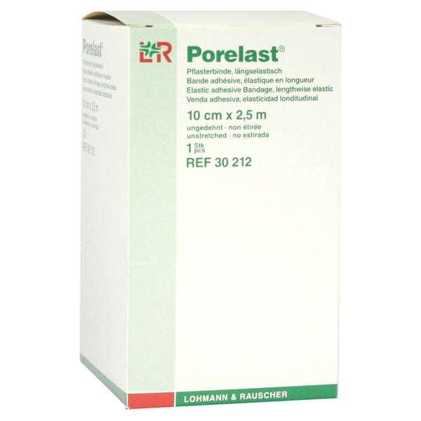 Lohmann & Rauscher Porelast Pflasterbinde, cremefarben, elastisch und atmungsaktiv - 1 Stück, einzeln in Faltschachtel, Maße: 10 cm x 2,5 m 1 St