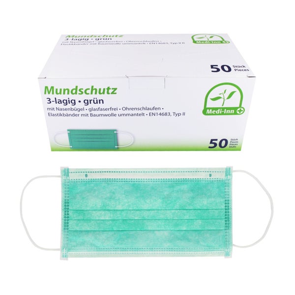Medi-Inn Mundschutz Atemschutz mit Elastikbändern Typ II 3-lagig grün 50 St