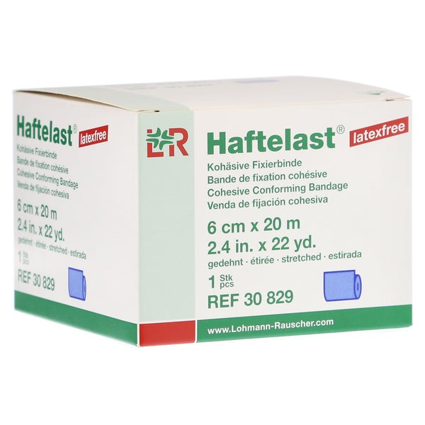 Lohmann & Rauscher Haftelast Fixierbinde, latexfrei, blau, selbsthaftend - 1 Stück, einzeln in Faltschachtel, Maße: 6 cm x 20 m 1 St