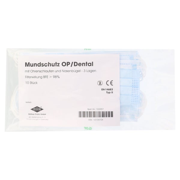 Mundschutz OP M.gummiband Nasenbügel bla 10 St