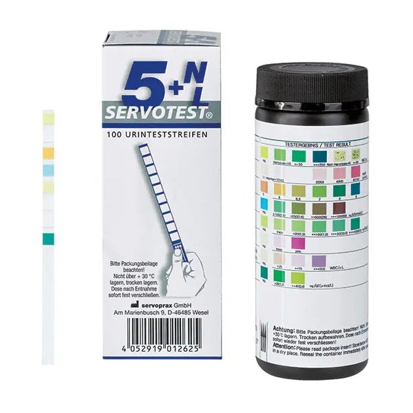Servotest 5+NL Diagnose Urinteststreifenfür PH, Glucose, Protein, Leucos etc. 100 St
