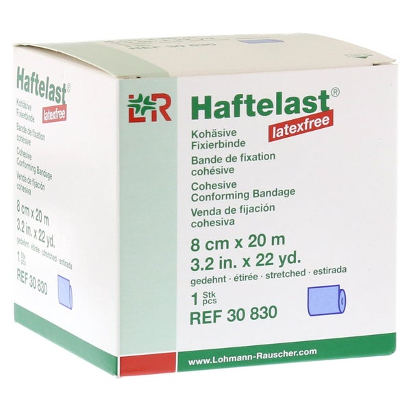 Lohmann & Rauscher Haftelast Fixierbinde, latexfrei, blau, selbsthaftend - 1 Stück, einzeln in Faltschachtel, Maße: 8 cm x 20 m 1 St