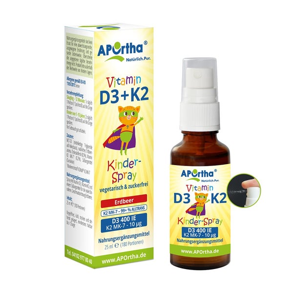 APOrtha® Vitamin D3 + K2 für Kinder - Erdbeergeschmack - vegetarisches Mundspray 25 ml
