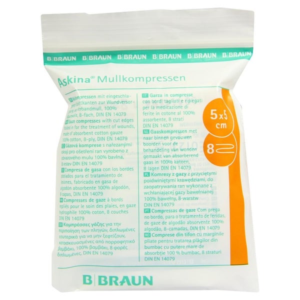 B.Braun Askina Mullkompressen 8-fach steril - 5 x 5 cm (5 x 2 Stck.) 5X2 St