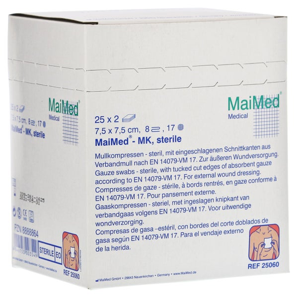 MaiMed Mullkompressen steril 8- lagig 25x2 Stück - 7,5 cm x 7,5 cm 25X2 St