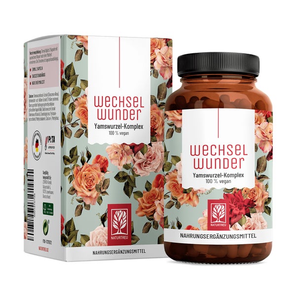 Wechseljahre Komplex mit Yamswurzel, Baldrian, Eisen, Vitamin B9 & B12 & Rotklee - WECHSELWUNDER - 90 vegane Kapseln - NATURTREU® 90 St