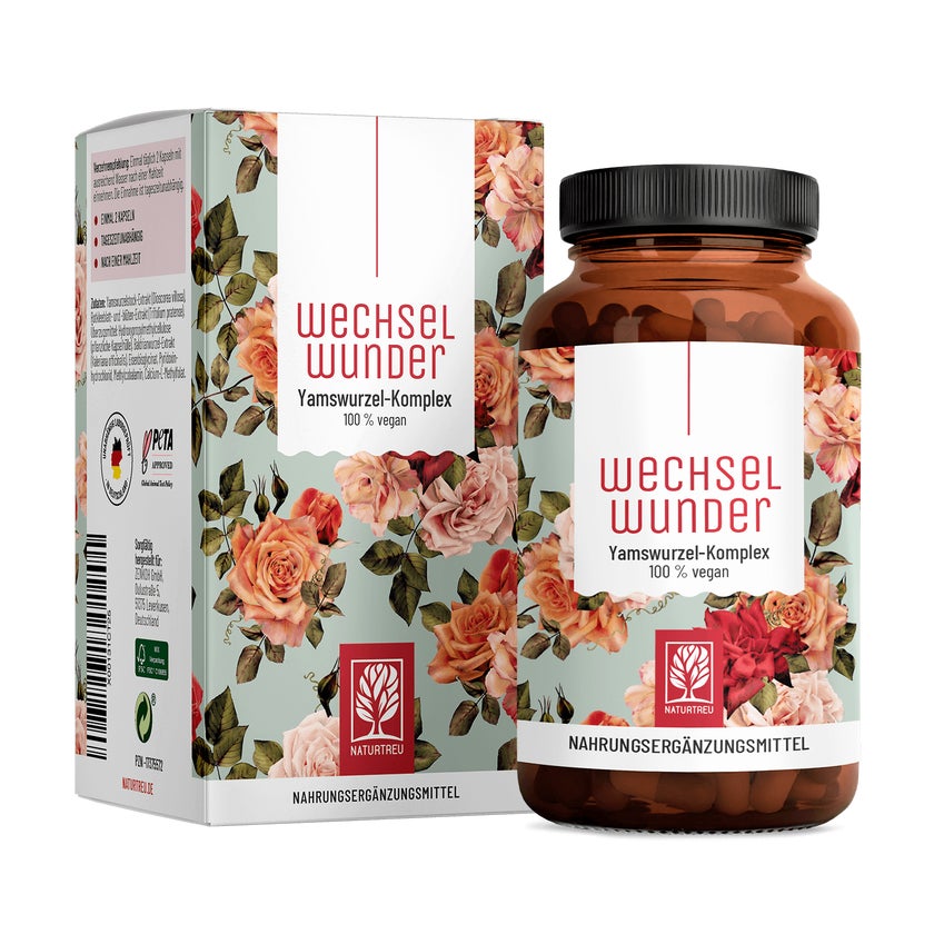 Wechseljahre Komplex mit Yamswurzel, Baldrian, Eisen, Vitamin B9 & B12 & Rotklee - WECHSELWUNDER - 90 vegane Kapseln - NATURTREU® 90 St