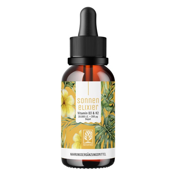 Vitamin D3 & K2 Tropfen Depot für Erwachsene (20.000 I.E.) - SONNENELIXIER - 1.200 vegane Tropfen für 300 Dosierungen - NATURTREU® 30 ml