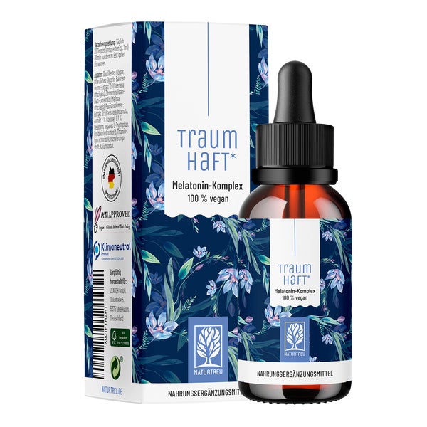 Melatonin Komplex mit Pflanzenstoffen - TRAUMHAFT - 1.000 vegane Tropfen für 50 Tage - NATURTREU® 30 ml