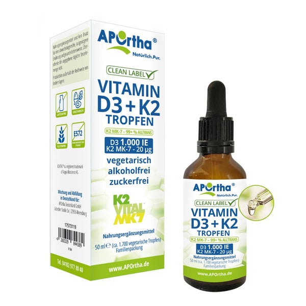 APOrtha® Vitamin D3 1.000 IE + Vitamin K2VITAL® 20 µg pro Tropfen - vegetarische Tropfen 50 ml