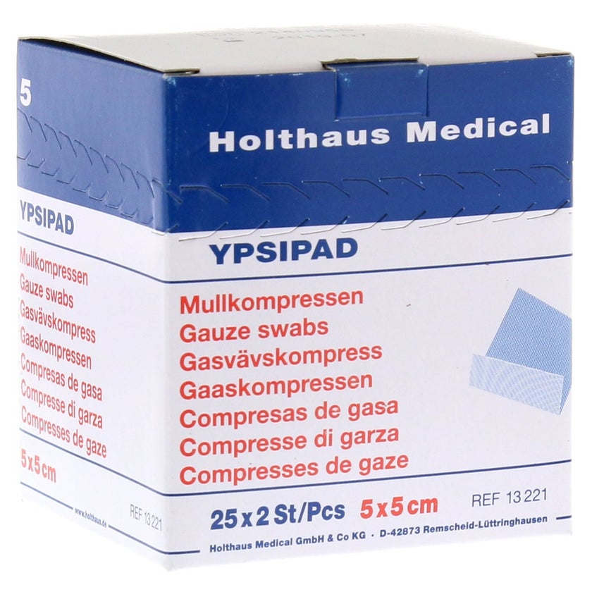 Holthaus Medical YPSIPAD Mullkompresse DIN EN 14079, steril - 1 Packung = 25 x 2 Stück, Maße: 5 x 5 cm 25X2 St