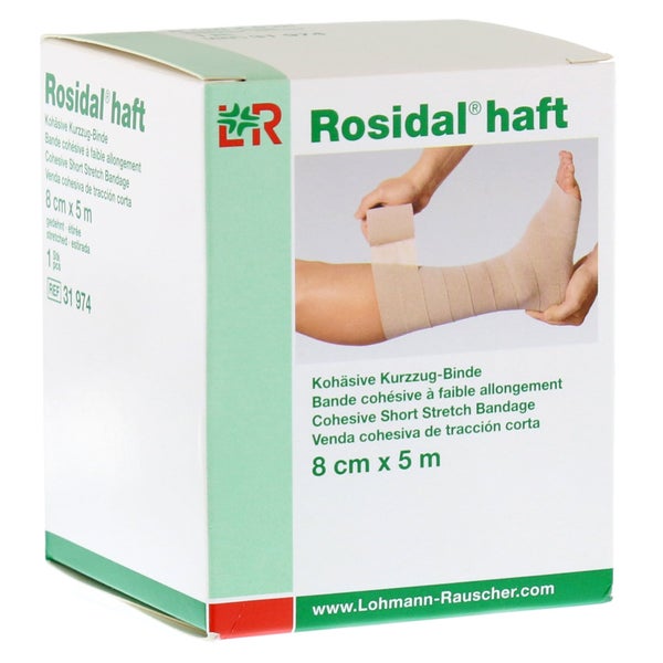 Lohmann & Rauscher Rosidal haft Kurzzugbinde, 5 m, unsteril, textilelastisch - 1 Stück, einzeln in Faltschachtel, Maße: 8 cm x 5 m 1 St