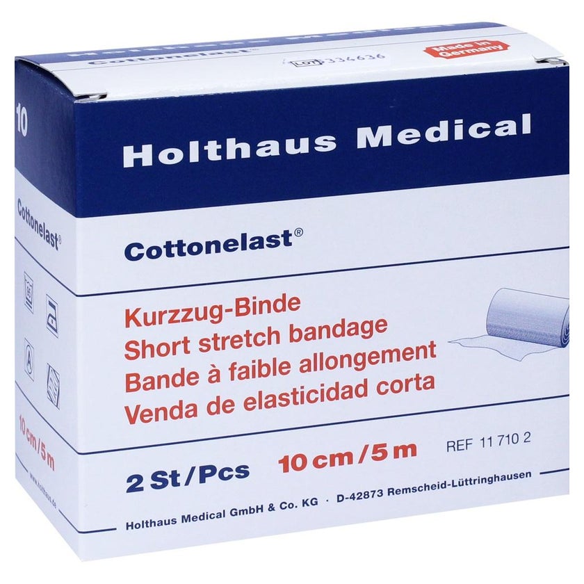 Holthaus Medical Cottonelast Kurzzug-Binde 5 m, Baumwolle - 1 Packung = 2 Stück in Faltschachtel, Maße: 10 cm x 5 m 2 St