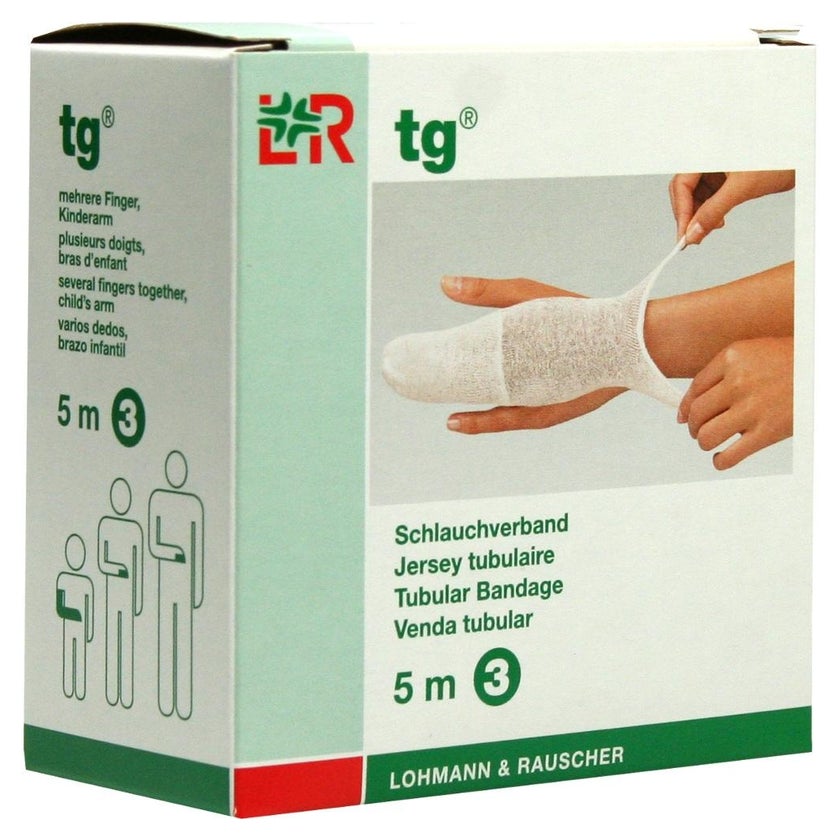 Lohmann & Rauscher tg Schlauchverband, weiß, 5 m, nahtlos gestrickt und dehnbar - 1 Stück, Gr. 3 (3,0 cm) für mehrere Finger, Kinderarm 1 St
