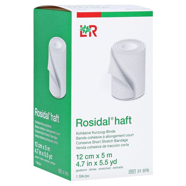 Lohmann & Rauscher Rosidal haft Kurzzugbinde, 5 m, unsteril, textilelastisch - 1 Stück, einzeln in Faltschachtel, Maße: 12 cm x 5 m 1 St