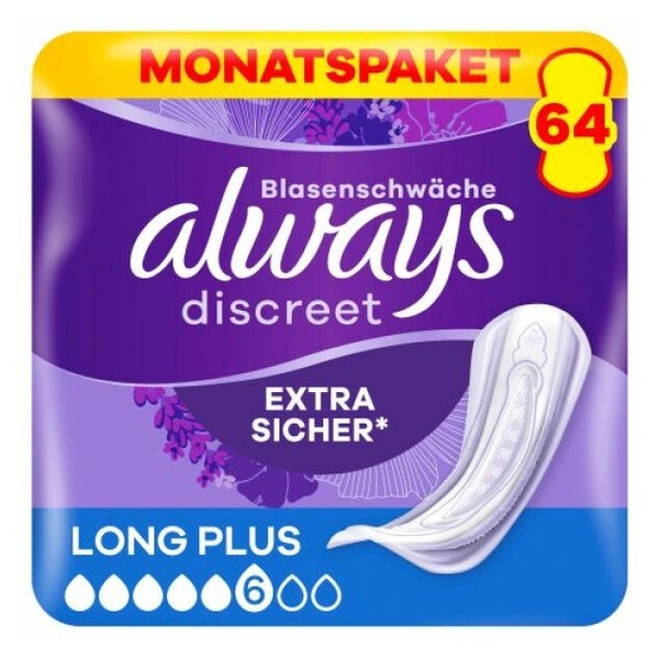 Always Discreet Inkontinenzeinlagen Long Plus, 64 Binden (4 x 16 Stück) Monatspaket, diskreter Schutz & hohe Saugstärke, Geruchskontrolle 64 St
