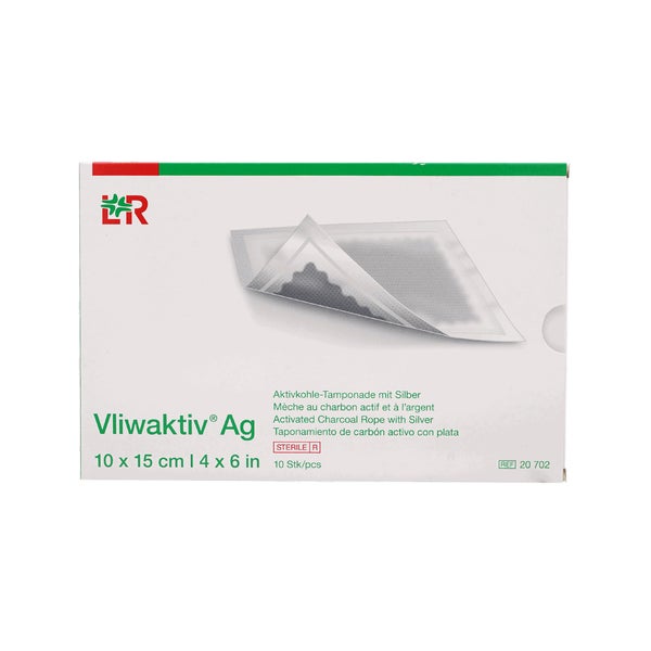 Lohmann & Rauscher Vliwaktiv Ag Aktivkohle-Wundtamponade, steril, silberhaltig - 1 Packung = 10 Stück, Maße: 10 x 15 cm 10 St