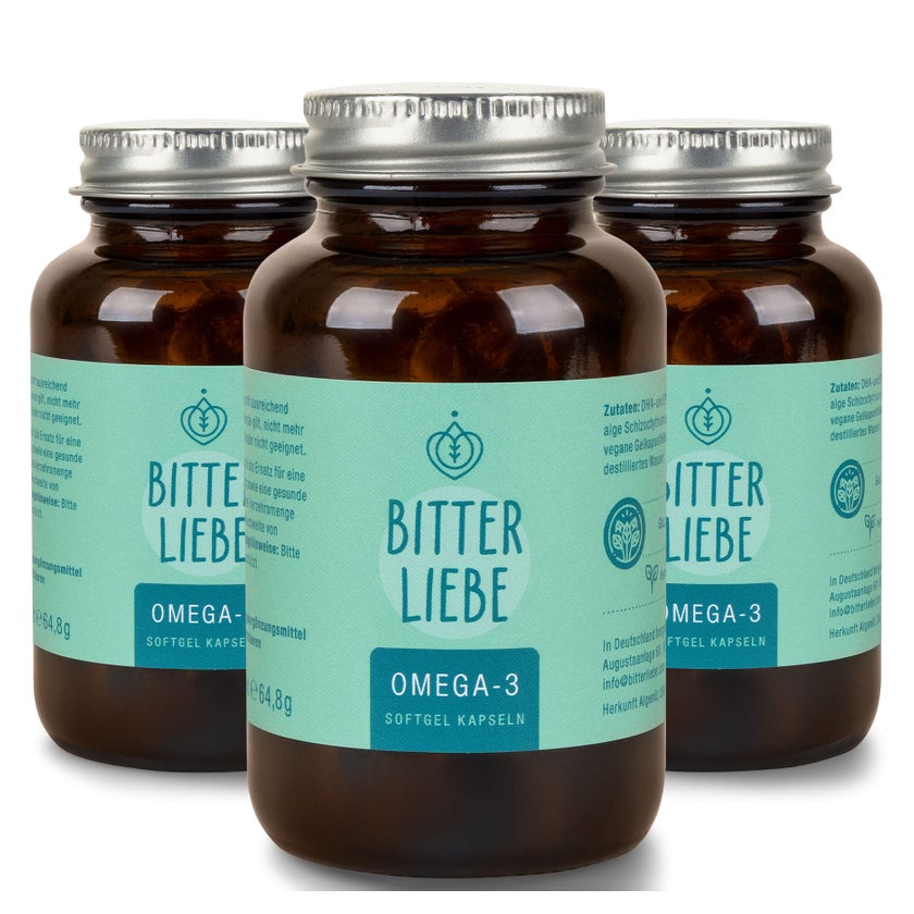 BitterLiebe - Omega 3 vegan Kapseln hochdosiert aus pflanzlichem Algenöl - hochwertigem EPA und DHA - Premium Omega-3-Fettsäuren für Veganer - leicht schluckbar 3x 90 St