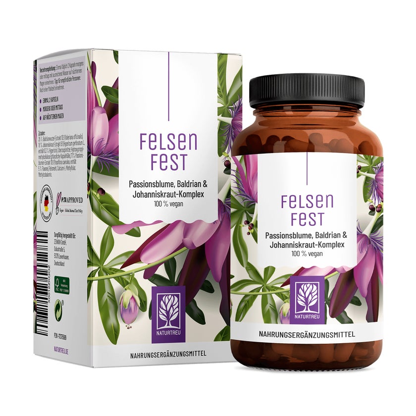 Johanniskraut Baldrian Passionsblume Komplex mit Folsäure (Folat) & Vitamin B12 - FELSENFEST - 270 vegane Kapseln - NATURTREU® 3 x 90 St
