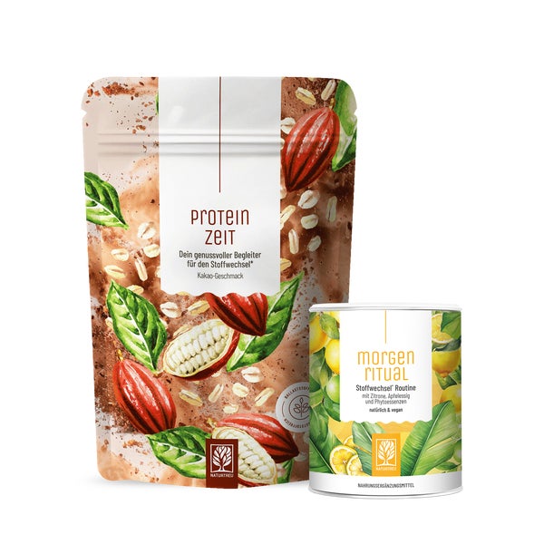 Stoffwechsel-Duo Paket: Pulver aus Ballaststoffen & Proteinen und Zitrone, Ingwer & Phytoessenzen in einem veganen Bundle - PROTEINZEIT & MORGENRITUAL - NATURTREU®  g