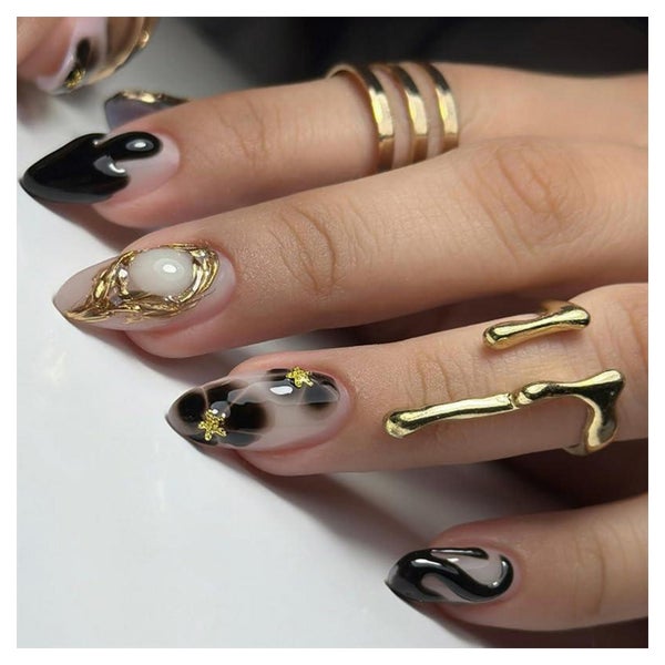 Künstliche Fingernägel Kurz Almond Schwarz French 3D Strass 1 St
