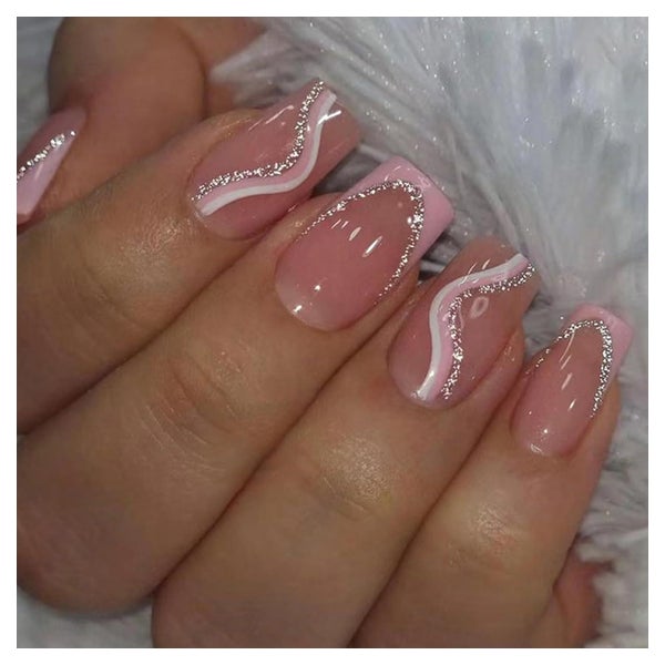 24 Stück Press on Nägel Eckig Kurz French Rosa Weiß Glossy B 1 St