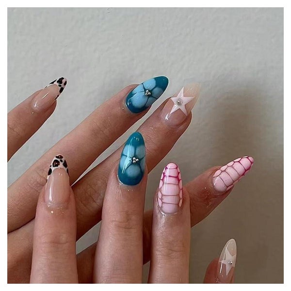 Künstliche Fingernägel Kurz Almond Nude Leopard Strass YG15 1 St