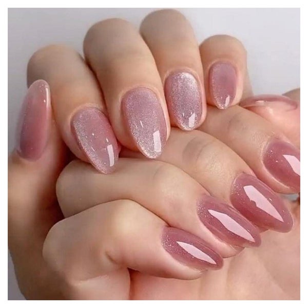 Press On Nägel 24 Stück Cateye Glitzer Rosa Kurz Acryl beige 1 St