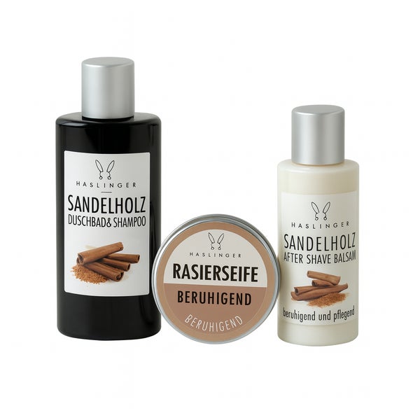 Haslinger Geschenkset Sandelholz – Duschbad & Shampoo, After Shave Balsam & Rasierseife 360 ml