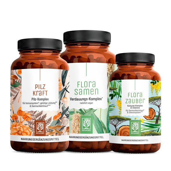Flora Balance-Paket: Flohsamenschalen, Bakterienkulturen für den Darm & Chaga, Reishi, Shiitake + Hericiumin einem veganen Bundle - FLORASAMEN, FLORAZAUBER & PILZKRAFT - NATURTREU® 187.5 g