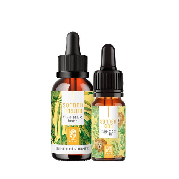 Familienstrahlen-Paket: Vitamin D3 + K2 für Erwachsene (2.000 I.E.) und Kinder (500 I.E.) ab 4 Jahren in einem veganen Bundle - SONNENFREUND & SONNENKIND - NATURTREU®  g