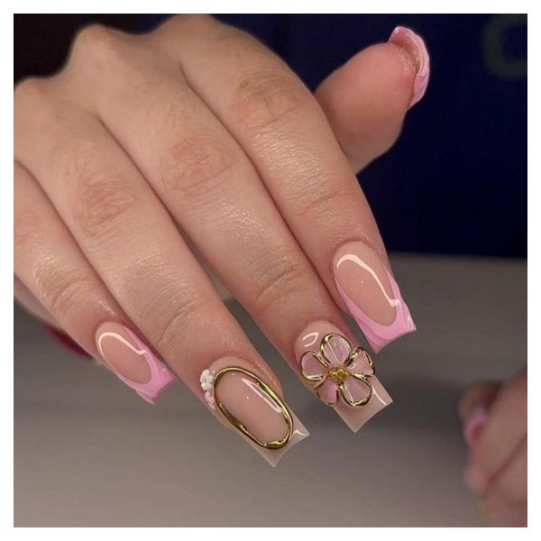 Press On Nails Mittellang Square Rosa French 3D Blumen Gold 1 St