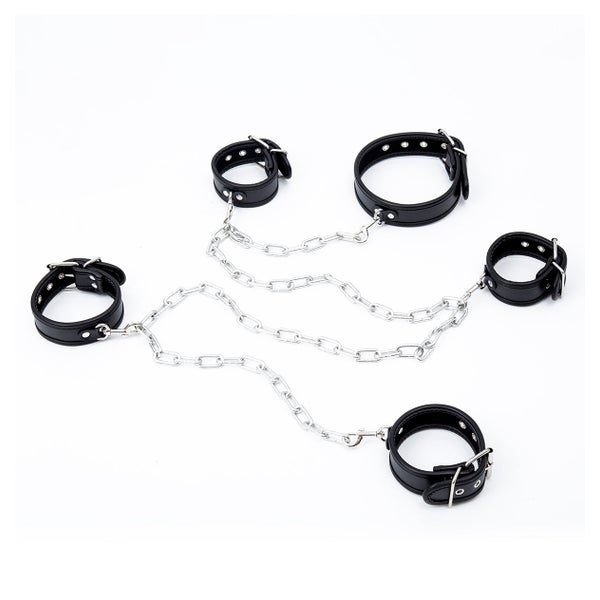 Halsband, Hand- und Fußfesseln-Set inklusive 1 Meter Kette in Schwarz/Silber 1 St