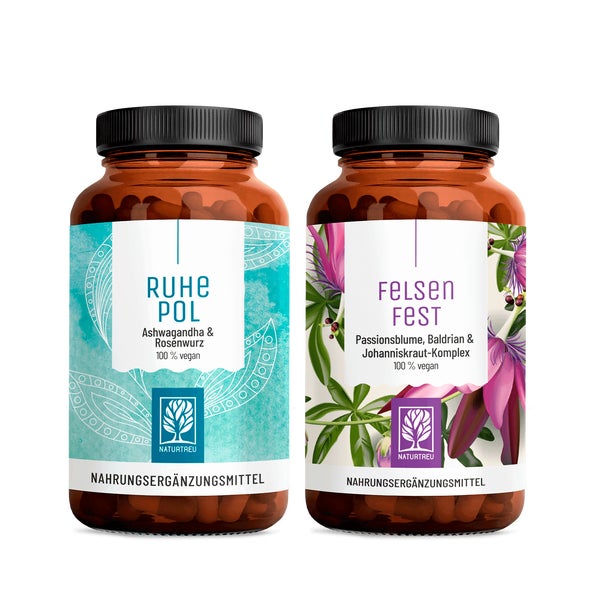 Anti-Stress Paket: Ashwagandha + Rosenwurz & Johanniskraut, Baldrian + Passionsblume in einem veganen Bundle - RUHEPOL & FELSENFEST - NATURTREU®  g