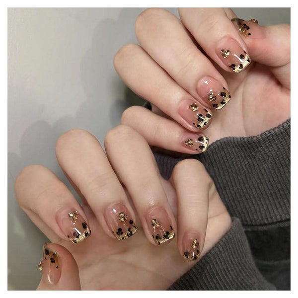Künstliche Nägel Press on Kurz Nude Leopard French Strass mi 1 St