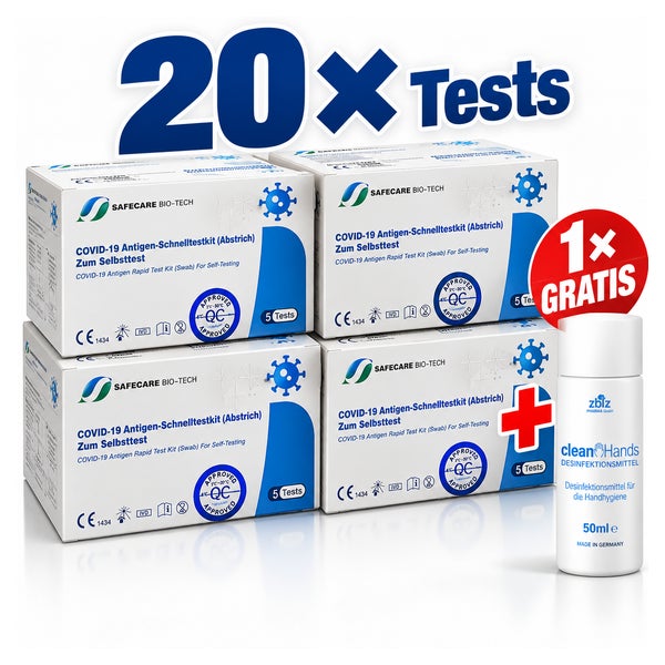 20 x Safecare - 4 x 5er Covid19 Selbsttest & Gratis ZWZ Desinfektionsmittel 20 St