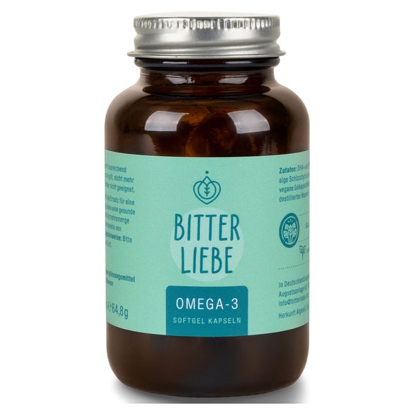 BitterLiebe - Omega 3 vegan Kapseln hochdosiert aus pflanzlichem Algenöl - hochwertigem EPA und DHA - Premium Omega-3-Fettsäuren für Veganer - leicht schluckbar 1x 90 St