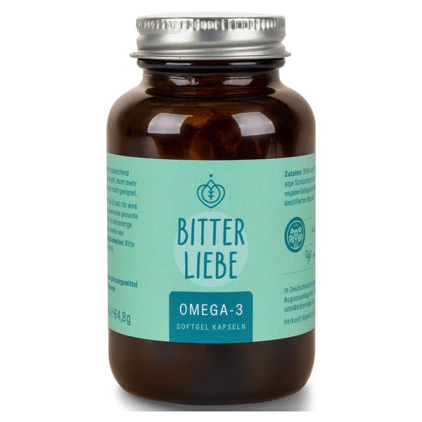 BitterLiebe - Omega 3 vegan Kapseln hochdosiert aus pflanzlichem Algenöl - hochwertigem EPA und DHA - Premium Omega-3-Fettsäuren für Veganer - leicht schluckbar 1x 90 St