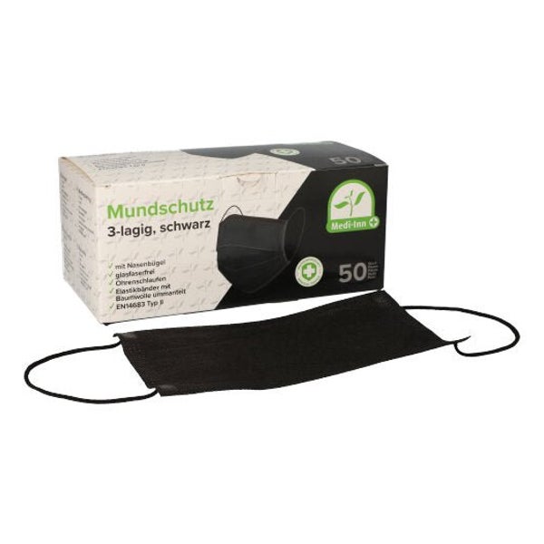 Medi-Inn Mundschutz mit Elastikbändern und Nasenbügel Typ II 3-lagig schwarz 10x50 St