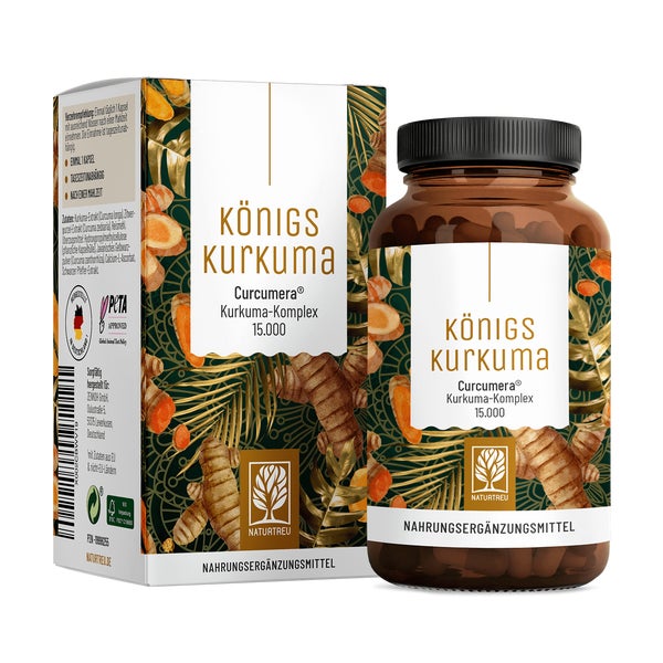 Kurkuma Komplex aus Curcuma longa, Curcuma zanthorrhiza und Curcuma zedoaria mit Piperin & Vitamin C - KÖNIGSKURKUMA - 60 vegane Kapseln - NATURTREU® 60 St