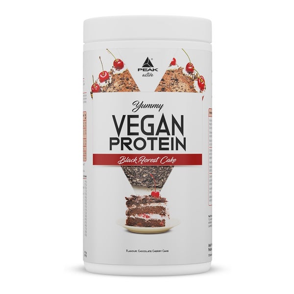 PEAK Yummy Vegan Protein - 450g - Geschmack Black Forest Cake I 15 Portionen I Proteinquellen: Kürbis, Favabohne, Erbse, Mandel, Hanf I frei von Gentechnik I glutenfrei 450 g
