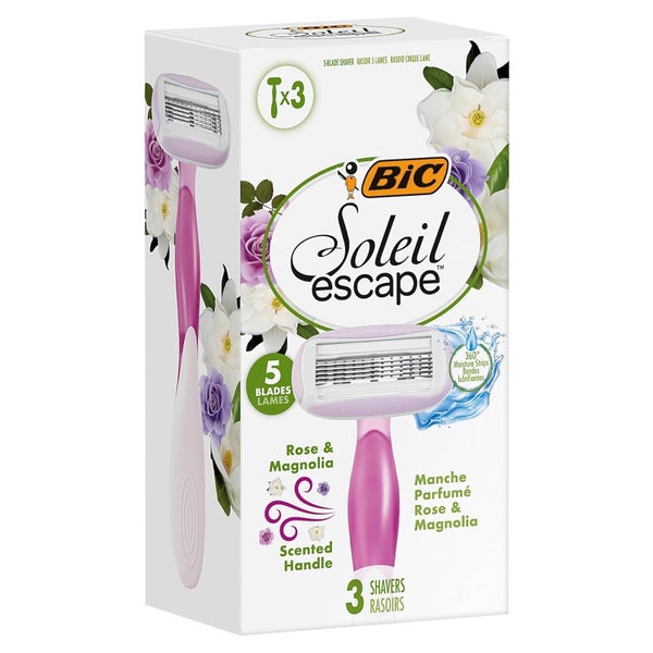 BIC Soleil Escape 5-Klingen-Einweg-Rasierer für Damen mit Rose & Magnolie, Feuchtigkeitsstreifen mit Mandelöl – 3er Box 3 St