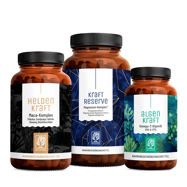 Alltagsheld Paket: Maca für den Mann, Magnesium & Omega 3 in einem veganen Bundle - HELDENKRAFT, KRAFTRESERVE & ALGENKRAFT - NATURTREU®  g
