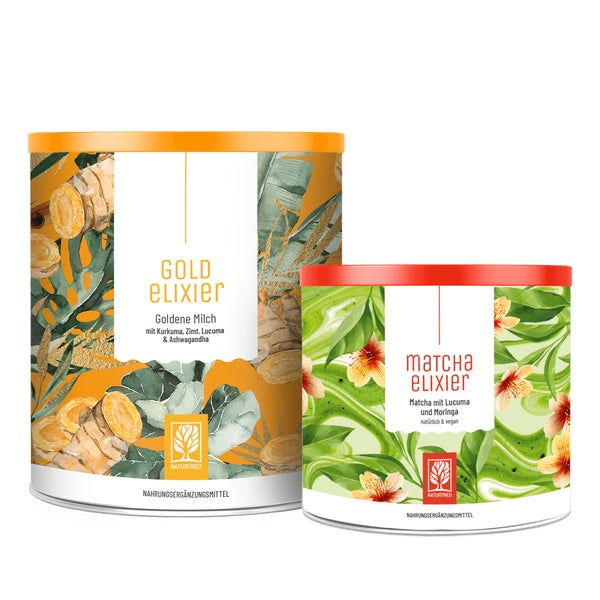 Elixier-Duo Paket: Matcha mit Lucuma & Moringa und Goldene Milch aus Kurkuma, Zimt, Lucuma & Ashwagandha als Getränkepulver in einem veganen Bundle - MATCHAELIXIER & GOLDELIXIER - NATURTREU®  g