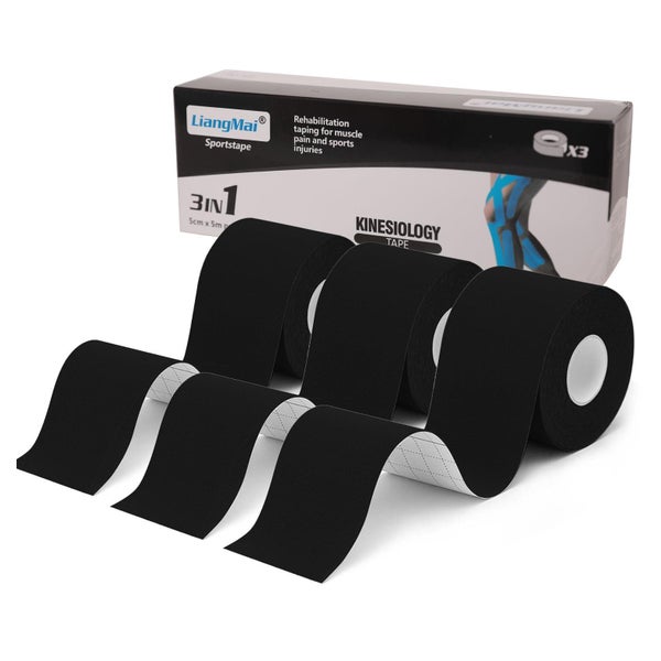 LiangMai Kinesiotape Set (3x 5cm x 5m) - Schwarz, Wasserfest & Hautfreundlich